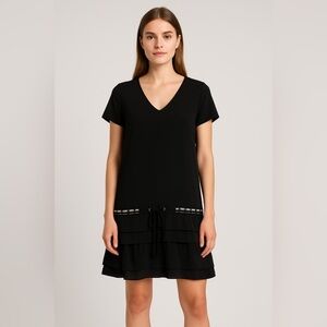 IKKS Women Black Short Sleeve Drop Waist Dress Beaded Trim French Casual Chic XS